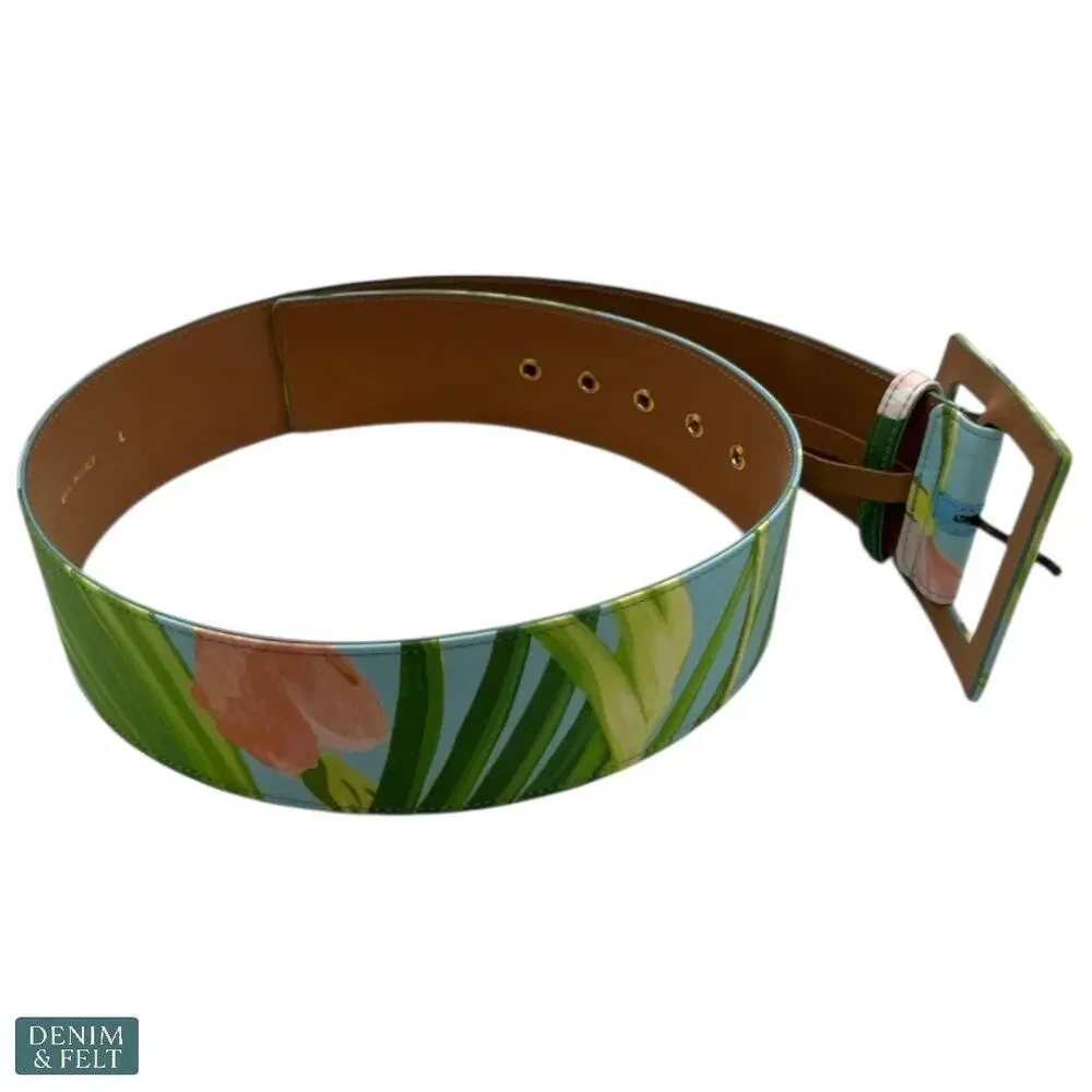 Carolina Herrera Floral Square-Buckle Icon Wide Belt Sky‎ Blue Leather L NEW
